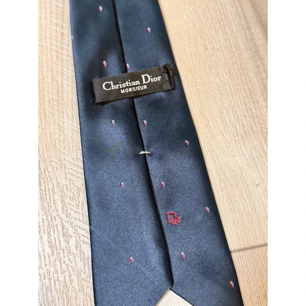 Vintage Christian Dior Monsieur Tie Navy Blue Red Micro Pattern Silk Blend 57in